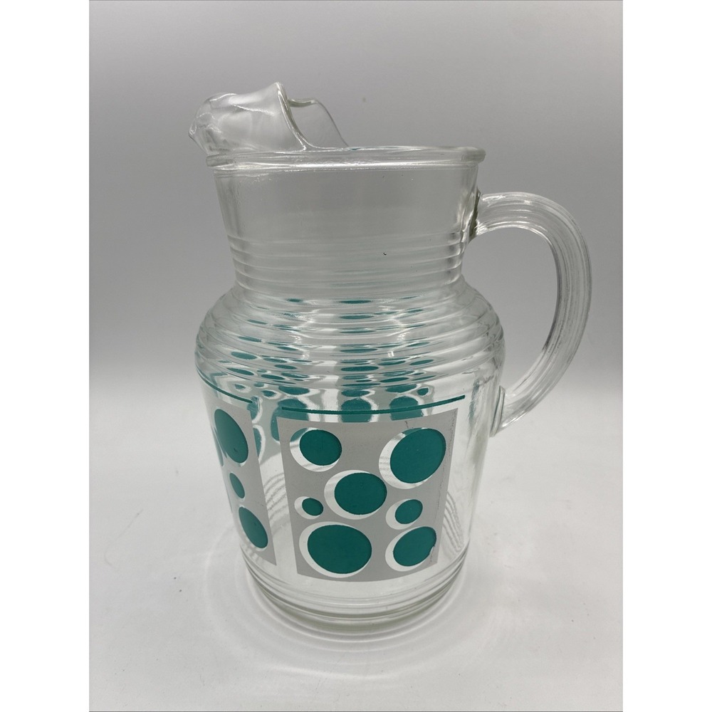 Vintage Hazel Atlas Clear Glass Pitcher Blue & White Dot 64 Oz Retro MCM